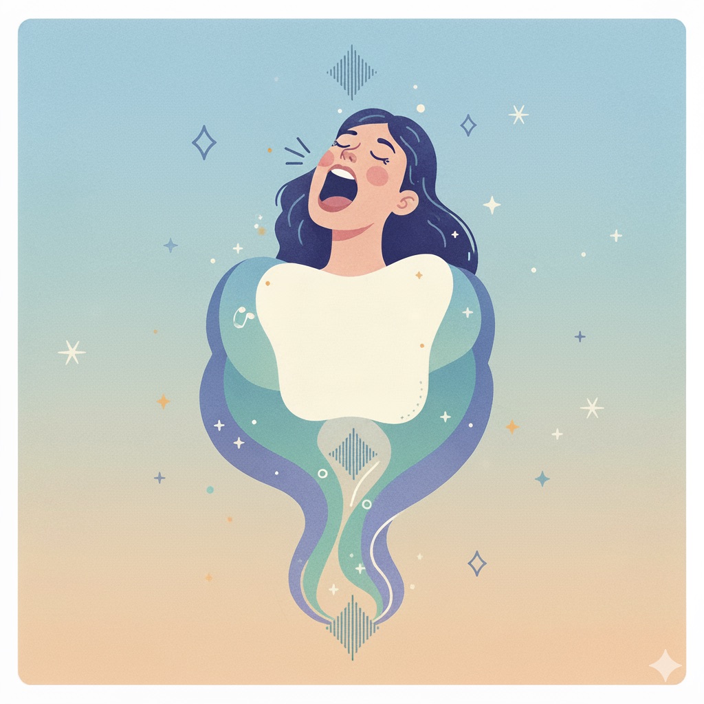 Illustration of a woman singing with her eyes closed, surrounded by flowing shapes and stars
