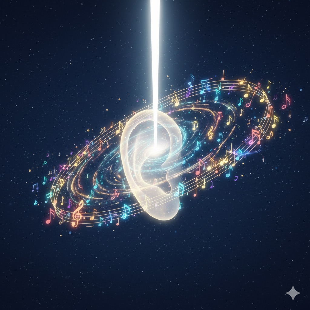 Illustration of an ear at the centre of a swirling galaxy of musical notes
