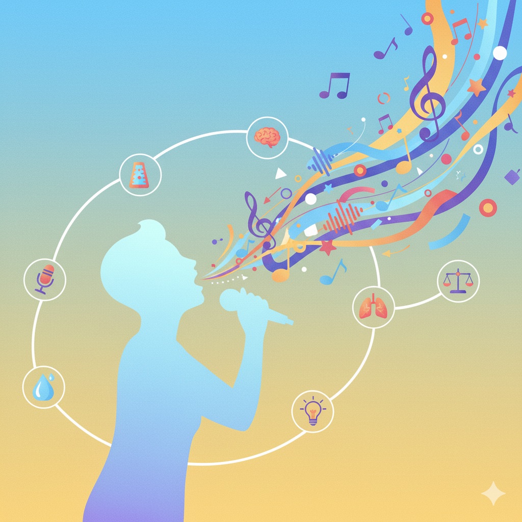 Illustration of a singer with a microphone, with musical notes and icons for breath, pitch, timing and rest around them