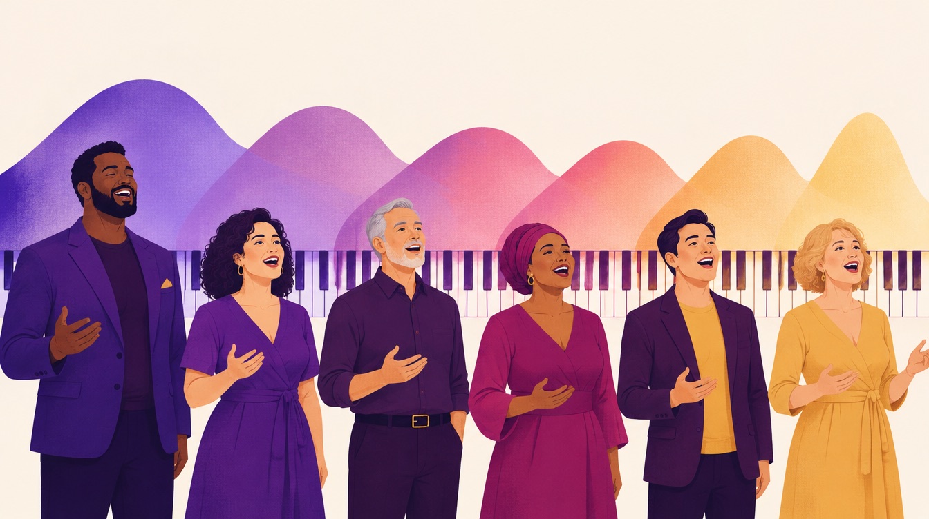 Six adult singers standing in front of a piano keyboard, each with a coloured band showing a different vocal range