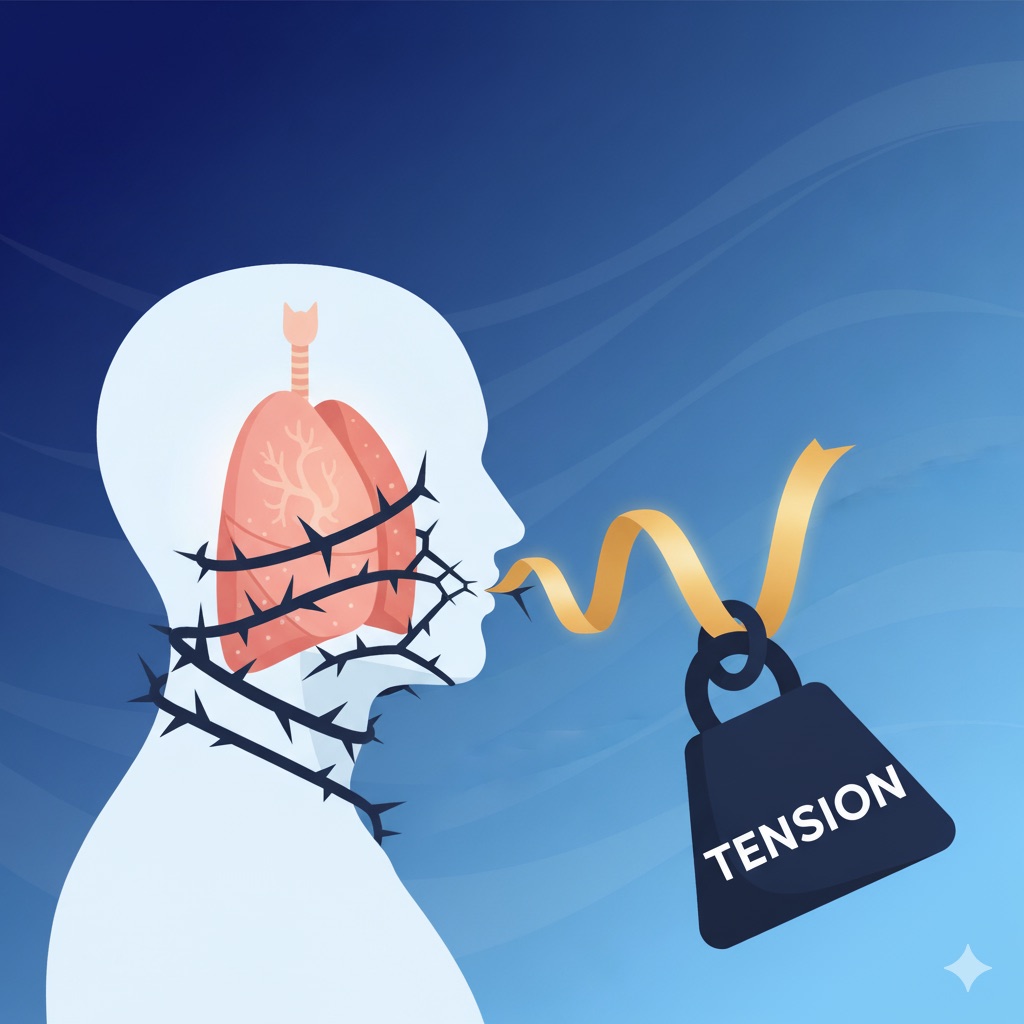 Illustration of a head and lungs wrapped in thorns, with a ribbon of sound weighed down by a weight labelled tension